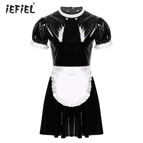 Robe de demoiselle d'honneur pour hommes gays, ensembles exotiques, manches courtes, Look mouillé, uniformes de serveuse en cuir, robe évasée en Latex ► Photo 1/6