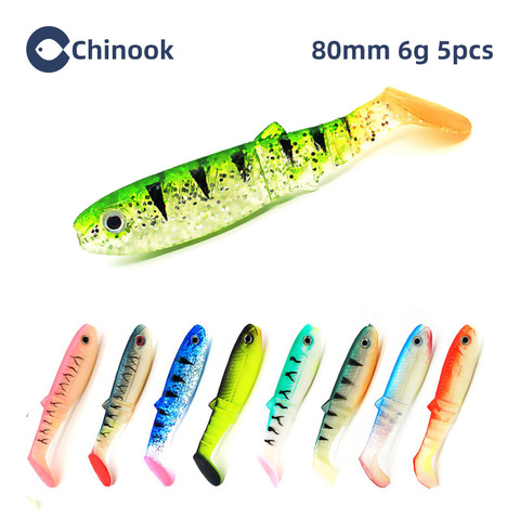 Chinook – lot d'appâts artificiels souples en Silicone pour la pêche, pack de leurres pour attraper des poissons, queue en T, 80mm, 5 pièces ► Photo 1/6