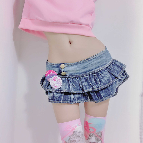 Mini jupes en Denim plissée pour fille japonaise, jupes bourgeon taille basse, ligne A, couleur solide, tenue de soirée en boîte de nuit, Style Punk ► Photo 1/5