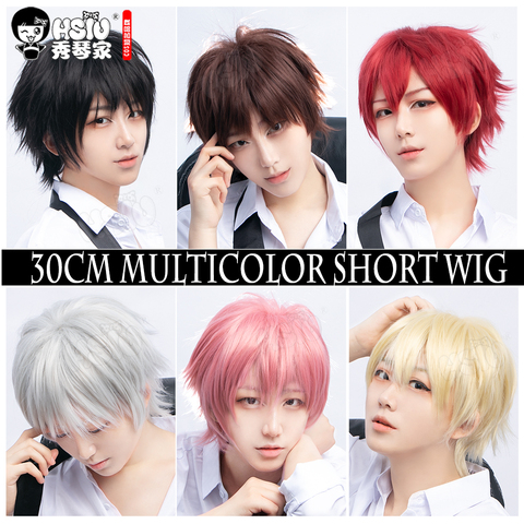 HSIU 30cm perruque courte noir blanc violet bleu rouge haute température fibre synthétique déguisement fête Cosplay multi 17 couleur ► Photo 1/6