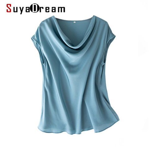 SuyaDream femmes soie Blouses ensemble 93% soie 7% Spandex solide manches courtes chauve-souris drapé col chemisier chemise 2022 printemps été chemise ► Photo 1/6