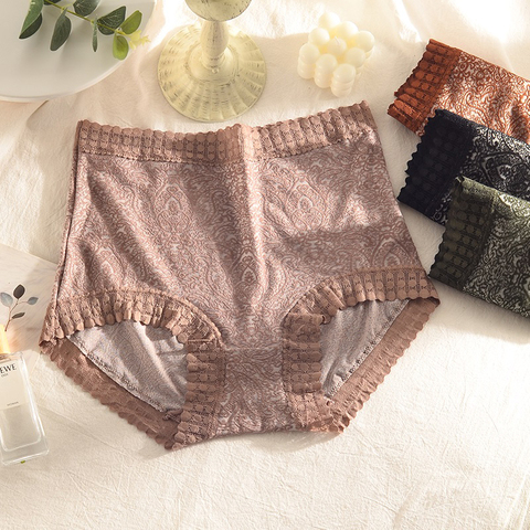 Culottes en coton pour femmes grandes tailles avec taille haute Sexy dentelle Jacquard Modal coton slips grande taille sous-vêtement thermique pour les femmes ► Photo 1/6