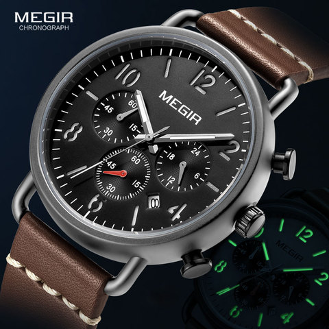 MEGIR – montre de luxe pour hommes, chronographe à Quartz avec bracelet en cuir, décontracté, sport lumineux, à la mode ► Photo 1/6