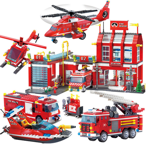 Ville caserne de pompiers blocs de construction camion hélicoptère bateau voiture pompier briques assemblé bricolage jouets éducatifs pour enfants cadeaux ► Photo 1/6