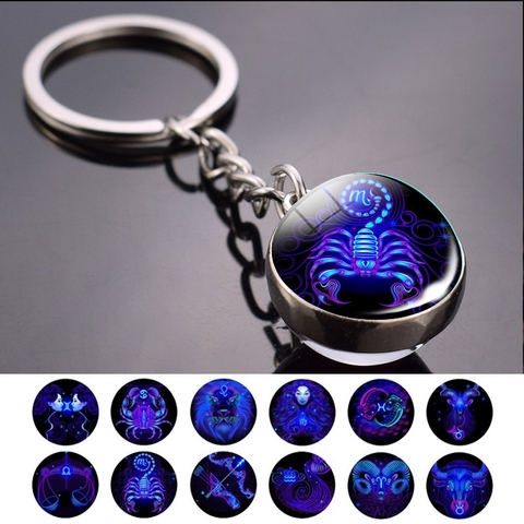 12 Constellation porte-clés mode Double face Cabochon boule de verre porte-clés signes du zodiaque bijoux pour hommes pour femmes cadeau d'anniversaire ► Photo 1/6