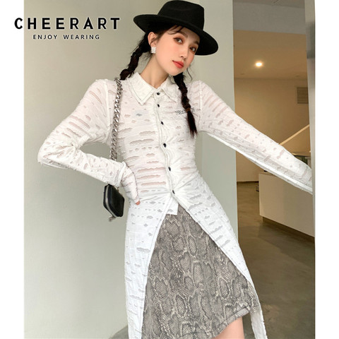 CHEERART 2022 mode longue Blouse femmes coton à manches longues haut brodé lettre déchiré concepteur haut asymétrique printemps ► Photo 1/1