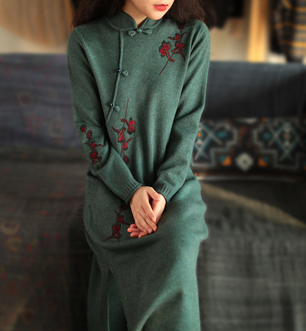 Robes tricotées longues pour femmes, automne et hiver, broderie florale rétro, ample, boucles, Furcal, vêtements à la mode ► Photo 1/5