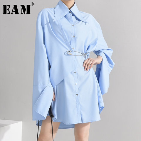 [EAM] femmes bleu bref grande taille broche point Blouse nouveau revers à manches longues coupe ample chemise mode marée printemps automne 2022 1W48905 ► Photo 1/6