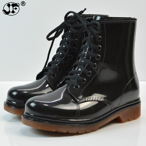 Nouveau bottes de pluie chaud mode plate-forme sans lacet étanche moto Martin bottines plat avec femme chaussures 763 ► Photo 1/5