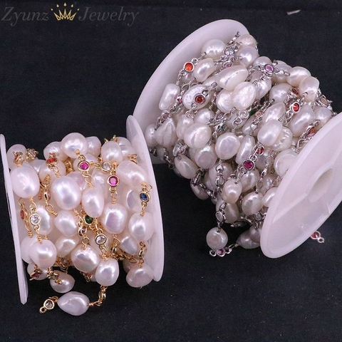 Chaînes en perles naturelles de 3 mètres, pour la fabrication de bijoux, chaînons irréguliers de perles colorées en Zircon CZ or/argent ► Photo 1/5