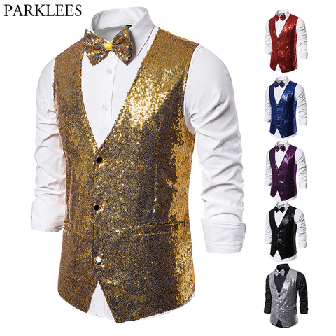 Gilet pour hommes 2 pièces avec nœud papillon, brillant et or scintillant, Slim Fit avec col en V, Costume pour fête de mariage, bal sur scène ► Photo 1/6