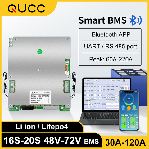 Qucc – bms intelligent Lifepo4 48v 16s 17s 20s 60v 72v 30a 40a 50a 60a 80a 100a, carte d'équilibre de batterie, application bluetooth UART RS485 BT ► Photo 1/6