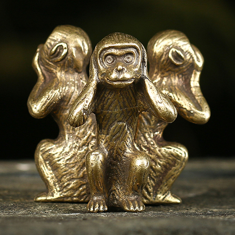 Trois singes en Bronze massif, Sculpture d'animal familier au thé, accessoire de décoration pour la maison, Figurines de singe Miniatures ► Photo 1/5