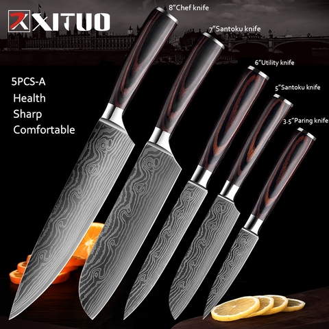 XITUO couteaux de cuisine, damas veines, couteaux en acier inoxydable, couleur manche en bois, utilitaire de parage, Santoku, couteau de cuisine de Chef ► Photo 1/6