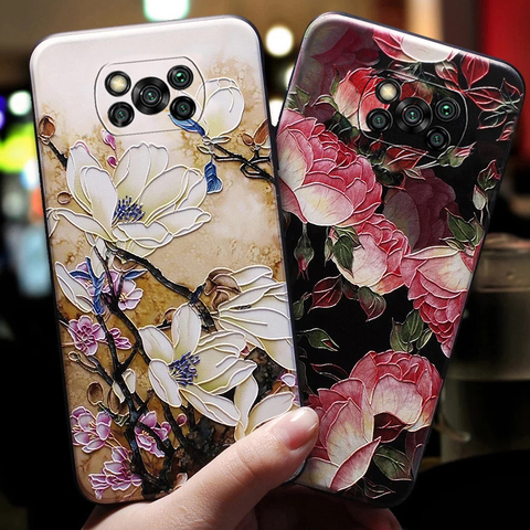 Rose fleurs Coque de téléphone pour Xiomi Xiaomi Poco X3 NFC Coque pour Fundas Xiaomi PocoX3 NFC étuis 3D noir souple couverture en Silicone ► Photo 1/6