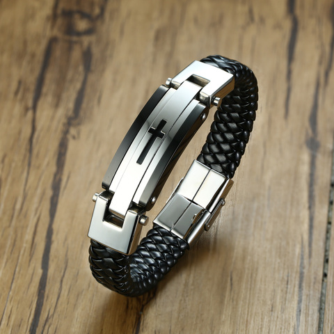 Bracelet en cuir tressé avec breloque en acier inoxydable pour homme et femme, classique et audacieux, croix de marque, cadeau pour amis ► Photo 1/6