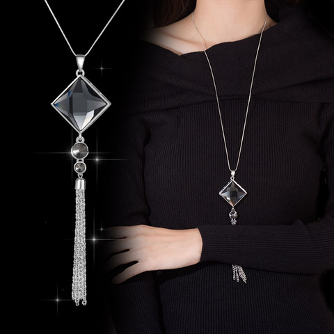 Colliers géométriques en cristal pour femmes, pendentifs, avec pompon, chaîne longue, accessoires bijoux pour pull, à la mode, nouveau modèle ► Photo 1/6