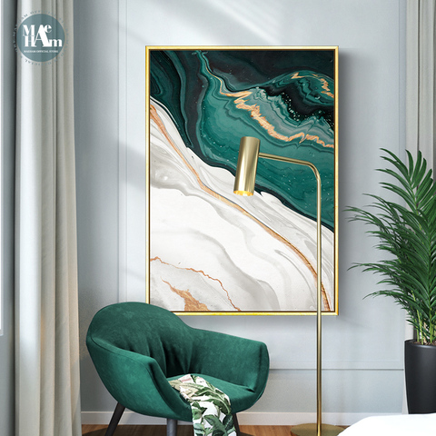 Moderne abstrait feuille d'or lignes vert toile Art peintures pour salon chambre affiches et impressions affiche murale décor à la maison ► Photo 1/6
