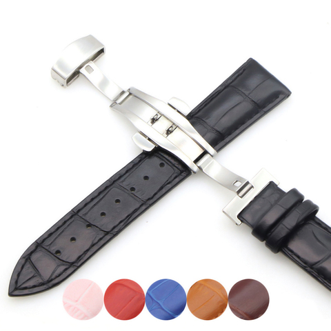 Bracelets de montre en cuir véritable universel, 18 mm20mm22mm24 mm, boucle papillon, acier, Bracelet + outil ► Photo 1/6