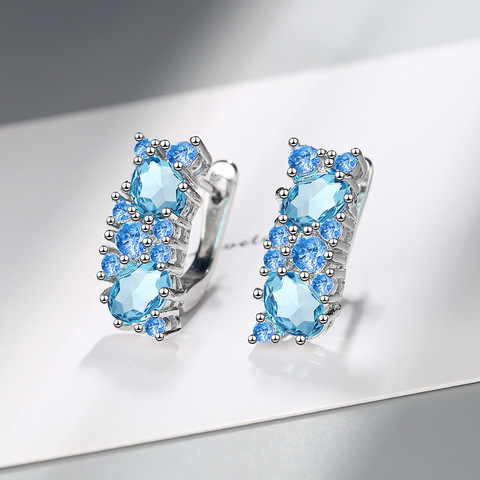 Boucles d'oreilles en argent Sterling 925 pour femmes, bijoux ronds en Zircon bleu, cadeau ► Photo 1/6