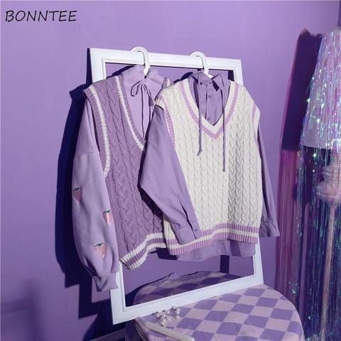 Pull gilet femmes belle violet coréen populaire col en v adolescents pull torsadé tout match automne mode Femme sans manches tricots ► Photo 1/6