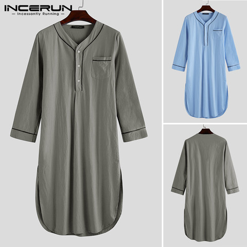 INCERUN hommes sommeil Robes 2022 à manches longues col en V bouton Homewear loisirs confortable peignoir de haute qualité hommes chemise de nuit pyjamas robe ► Photo 1/6