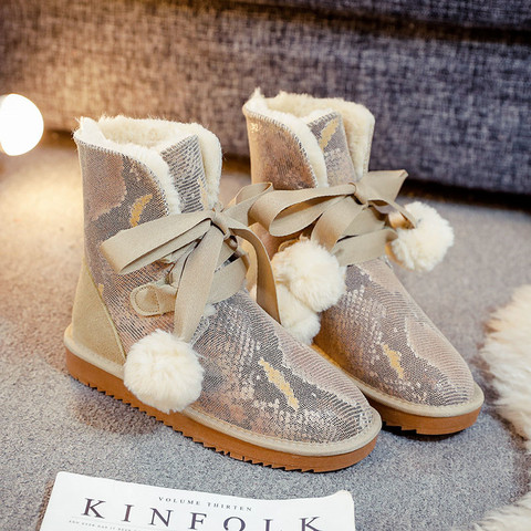 Mi mollet à lacets 2022 chaussures femme hiver bottes de neige chaussures pour femmes épais peluche en cuir véritable naturel femmes bottes de neige ► Photo 1/6