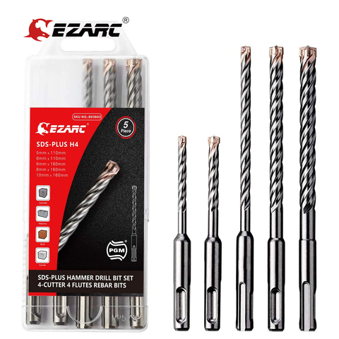 EZARC 5PC 2/4-fraise carbure embouts sds-plus marteau rotatif jeu de forets pour béton armé, maçonnerie, marbre, brique et carrelage ► Photo 1/6