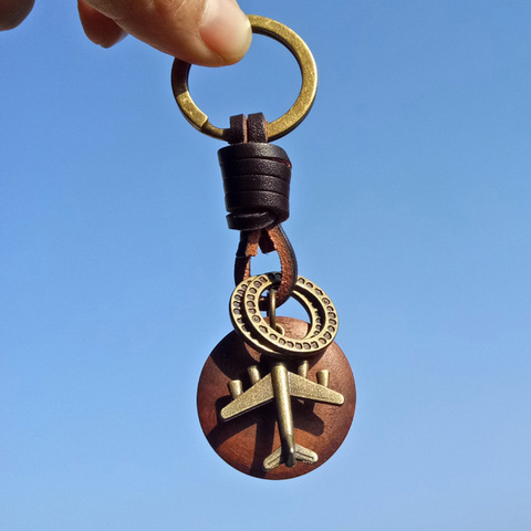 Porte-clés Vintage fait main en cuir, rond en bois et Bronze, pendentif d'avion, nouvelle collection ► Photo 1/6