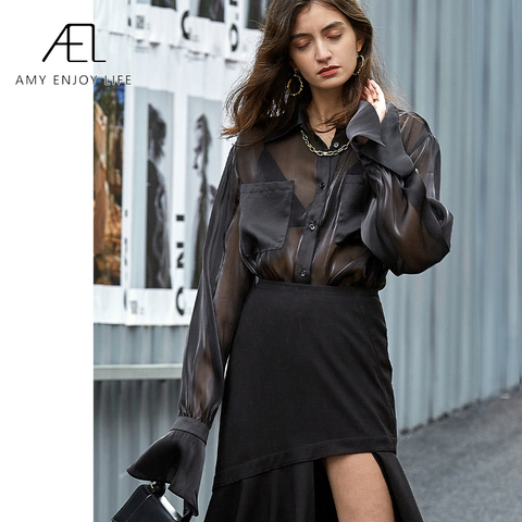 AEL chemisier noir en organza pour femmes, manches longues, tenue élégante, ample, haut style rétro, mode hauts et chemisiers ► Photo 1/6