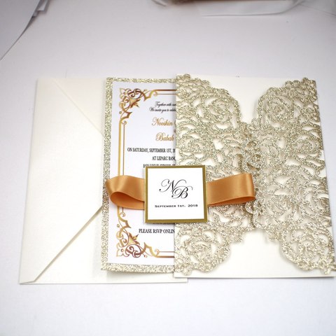 Carte d'invitation de mariage en or Rose, carte de vœux, découpée au Laser, ajourée, avec paillettes, livraison gratuite, 1X ► Photo 1/6