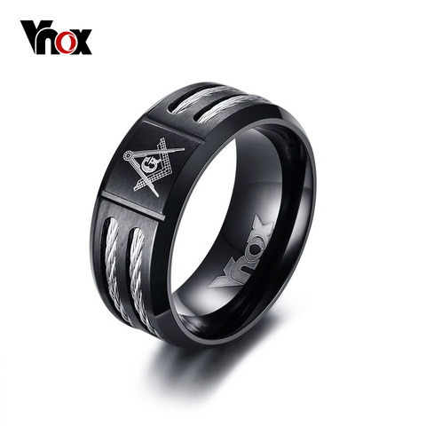 Vnox Vintage 9mm bague maçonnique hommes bijoux noir acier inoxydable avec fil frère cadeau ► Photo 1/6