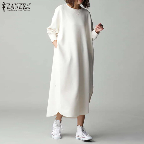 ZANZEA col rond manches longues Vestidos femmes automne poche sweat Robe dame décontracté côté fourche irrégulière Robe grande taille 5XL ► Photo 1/5