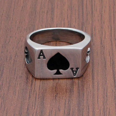 Livraison gratuite Punk Lucky Spade une bague de carte à jouer en acier inoxydable 316L homme mode lettre A anneaux bijoux ► Photo 1/6