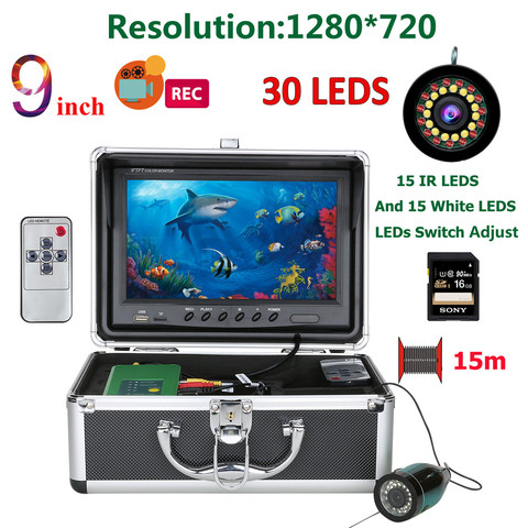 Caméra de pêche sous-marine, 9 pouces HD 1080P, détecteur de poisson, 15 pièces, led blanches + 15 led IR, carte de 16G ► Photo 1/6