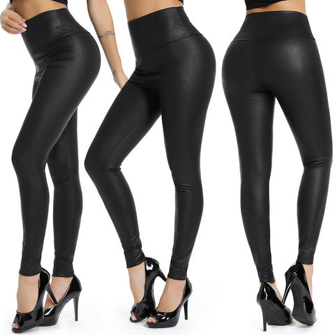 Mode femmes gaine Leggings taille unique pas cher femmes vêtements noir Stretch Faux cuir taille haute pantalon ► Photo 1/6