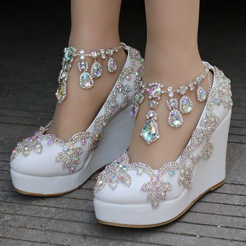 Chaussures de mariage, reine cristal, à strass, avec lanière à la cheville, escarpins à talons hauts à plateforme ► Photo 1/6