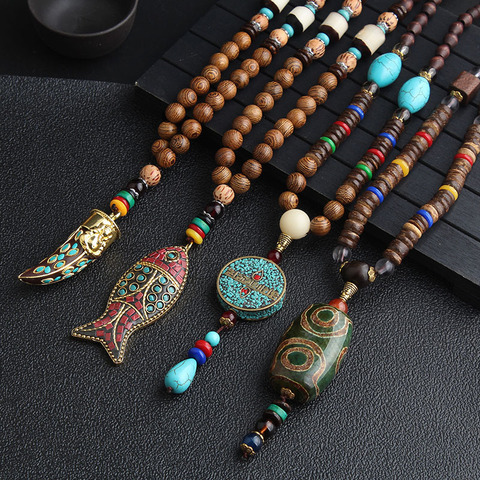 Collier ethnique du népal pour hommes et femmes, fait à la main, bouddhiste, perles en bois de Mala, pendentif et collier ethnique corne de poisson, longs bijoux, nouvelle collection 2022 ► Photo 1/6