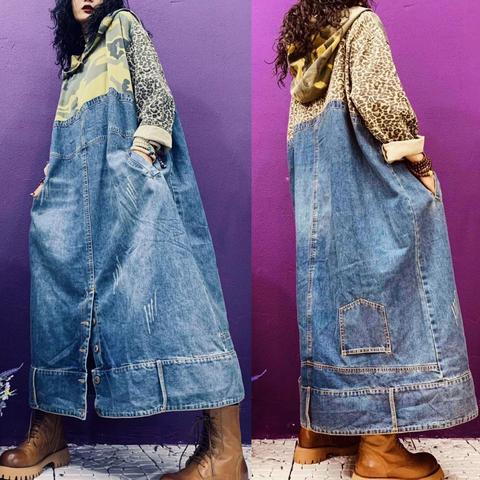 Camouflage Patchwork Denim robe grandes tailles à capuche cowboy robe femmes Maxi Baggy Jean robe petit ami manches longues robes lâches ► Photo 1/5