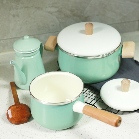 Pot émaillé en porcelaine 3.3L Double fond Pot à soupe cuisson multi-usages ustensiles de cuisine poêle antiadhésive usage général casseroles de cuisine cuisinière ► Photo 1/6