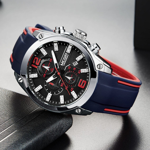 MEGIR-montre de Sport pour hommes, bleu, chronographe, bracelet en Silicone, marque de luxe ► Photo 1/6