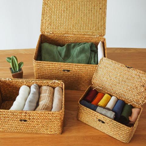 Boîte de rangement tissée en paille avec panier pour sous-vêtements, chaussettes, divers vêtements, boîte de finition, organisateur de bureau à domicile ► Photo 1/6