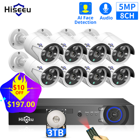 Hiseeu H.265 8CH 5MP POE Kit de système de caméra de sécurité AI détection de visage enregistrement Audio caméra IP IR CCTV vidéo Surveillance NVR ensemble ► Photo 1/6