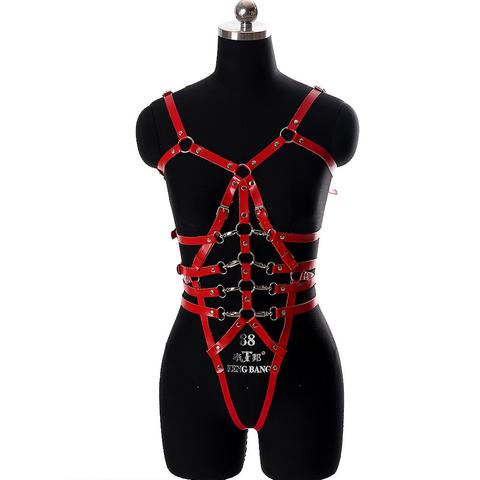 Ensemble soutien-gorge en cuir, harnais, ceintures de Lingerie rouge ajouré, cadre Triangle, débardeur, grande taille, Bustier en cuir ► Photo 1/6