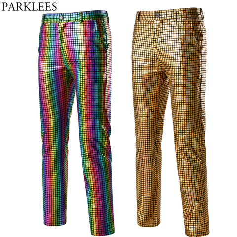 Pantalon à carreaux arc-en-ciel à paillettes pour homme, vêtement de chanteur, de discothèque, de scène, de bal, de DJ, taille 3XL ► Photo 1/6