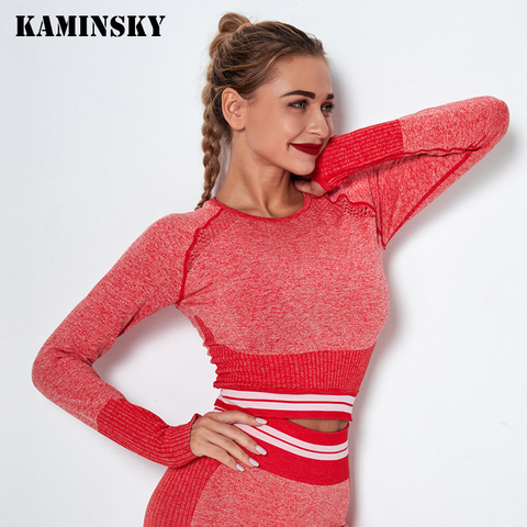 Kamisnky – T-shirts de course à manches longues pour femmes, Sexy, sans couture, solides, de sport, à séchage rapide, Fitness, à rayures ► Photo 1/6