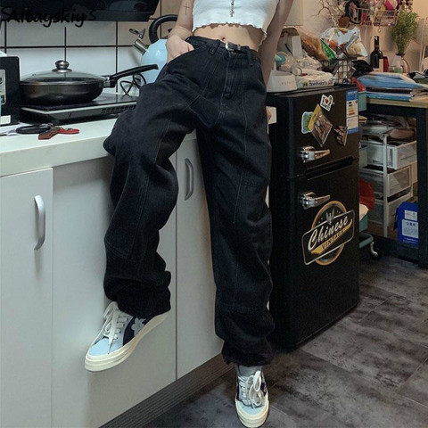 Jean rétro Femme Harajuku Vintage noir rue BF Style Chic collège adolescents Streetwear tout match ample mode Femme pantalon ► Photo 1/6