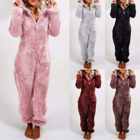 Hiver chaud pyjamas femmes Onesies moelleux polaire combinaisons vêtements de nuit ensemble grande taille capuche ensembles pyjamas pour femmes adultes S-5XL ► Photo 1/6