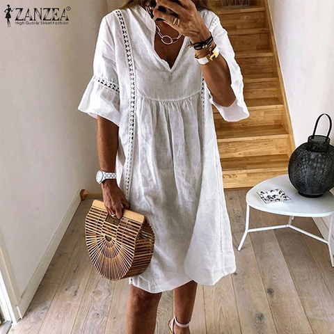 ZANZEA été bohème dentelle Robe 2022 femmes col en V manches évasées Robe d'été Femme creux Patchwork Robe Femme tunique Vestidos ► Photo 1/6