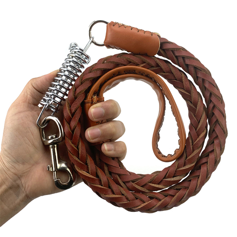 Laisse en cuir de vache véritable pour grand chien, corde tissée, résistante aux chocs, ceinture de Traction à ressort pour collier de marche ► Photo 1/6